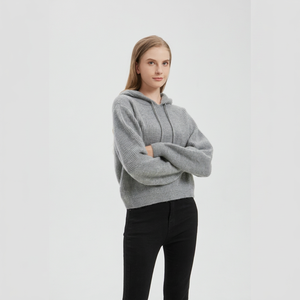 Pull en tricot à capuche gris pour femme, 100% acrylique, manches longues, vêtement décontracté pour l'automne - Product Image 1