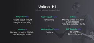 Robot humanoïde Unitree H1, robot IA, prend en charge le développement secondaire avec LIDAR 3D et caméra de profondeur, 180 cm, pour la recherche. - Product Image 6