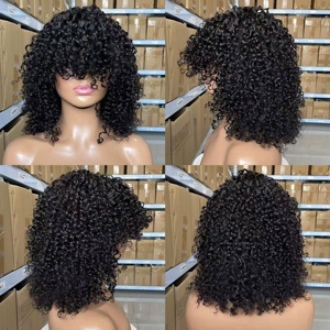 Peluca Económica Hecha a Máquina, 100% Cabello Humano Brasileño, Corte Pixie, Pelucas Cortas Rizadas y Onduladas, Sin Encaje, con Flequillo para Mujer - Product Image 1