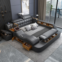 Lit intelligent multifonctionnel en cuir véritable avec massage et rangement hydraulique, lit modulaire Queen King Size pour la chambre à coucher