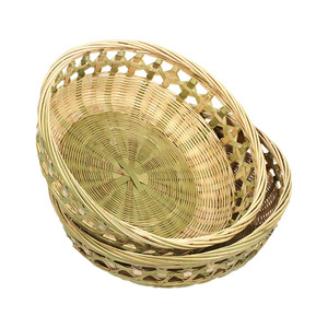 Handmade <b>Bamboo</b> Woven Basket Round Natural Color Food <b>Container</b> Fruit Basket Storage Drainage - Product Image 1
