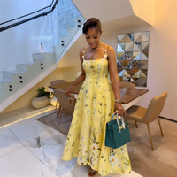 Robe midi évasée à bretelles spaghetti pour femme, imprimé floral, appliques papillon, boutonnée devant