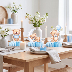 Décoration <span class=keywords><strong>de</strong></span> <span class=keywords><strong>table</strong></span> en papier nid d'abeille Ours mignon, écologique, réutilisable, pliable, pour fête prénatale, anniversaire, garçon ou fille - Product Image 5