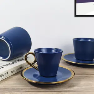 Juego de tazas de café y platillo de cerámica, 2oz por taza, azul mate, venta al por mayor
