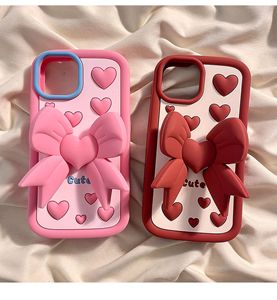 Custodia per telefono con fiocco a cuore <span class=keywords><strong>rosa</strong></span> 3D <span class=keywords><strong>Cover</strong></span> protettiva morbida in Silicone per <span class=keywords><strong>iPhone</strong></span> 16/15 <span class=keywords><strong>Pro</strong></span> Max/14/13/12 - Product Image 1