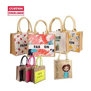 Hadiah Logo Kustom Tas Belanja Kelontong Mini Goni Tote Tas Rami Bunga Besar untuk Supermarket