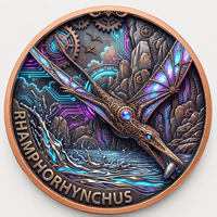 Pièce de monnaie en cuivre fin 999 de 1 oz, motif Rhamphorhynchus, en relief, avec finition UV effet proof-like, représentant un pterosaure à longue queue, objet d'art métallique