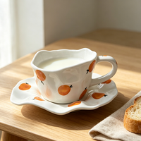 Tasse à café et soucoupe en céramique ondulée irrégulière faite à la main, 200 ml, imprimé fruits oranges, ensemble de tasses à thé pour le thé de l'après-midi