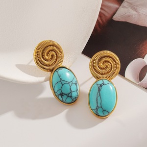 Stainless Steel <b>Stud</b> <b>Earrings</b> With <b>Turquoise</b> Inlay Geometric Design 18k Gold Plated Bezel Setting For Women Fashion Jewelry - Product Image 4