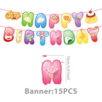 Ensemble de décoration de fête d'anniversaire pour enfants sur le thème des jouets mignons et moelleux, comprenant bannière, guirlande, vaisselle, assiettes en papier, gobelets, serviettes, nappe et ballons
