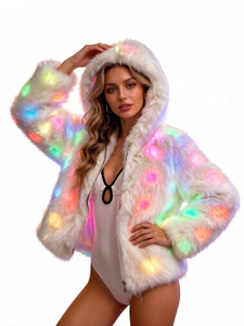 เสื้อแจ็คเก็ตขนเฟอร์เทียม Luwint สำหรับผู้หญิง พร้อมไฟ LED กระพริบ  ฮู้ด<span class=keywords><strong>ขน</strong></span>เฟอร์หนานุ่ม  ชุดแฟชั่นสำหรับงานปาร์ตี้ - Product Image 1