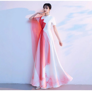 Women's Chinese Style Long Dress Stand Up Collar Short Sleeve Red Gauze Performance Wear Stage Costume Coming Of Age Ceremony - Product Image 2