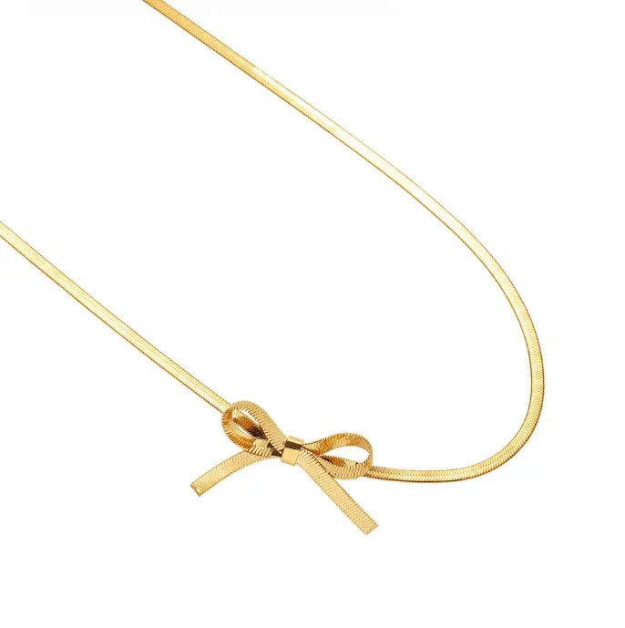 Schlussverkauf spanisch süßer Edelstahl-Bogenbinden-Halsband dünne Schlangenkette Halsband 18K Goldbogen für Damen