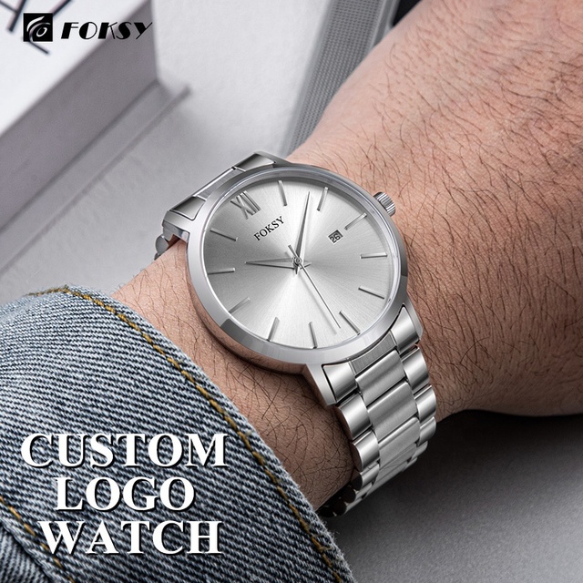 Custom Logo Men's Quartz Watch Waterproof Round Case Silver Japan Movement Dial Stainless Steel Fashion Business Watch for Men