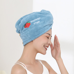 Custom Fruit Embroidered Shower Cap Coral Fleece Thickened Double Layer Absorbent Towel Head <b>Wrap</b> For Women <b>Pink</b> - Product Image 2