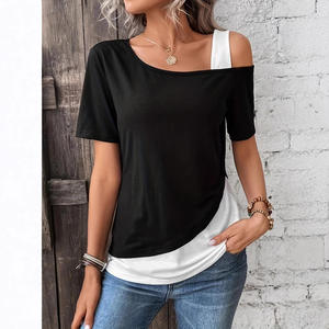Chic Color Blocking manga corta Mujer Color sólido fuera del hombro camiseta asimétrica mujer verano Casual Tops - Product Image 5
