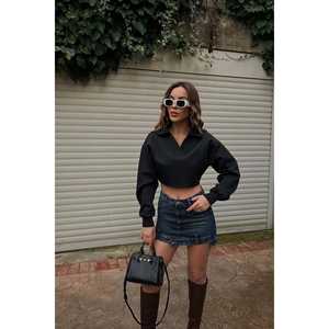 Black Ladies <b>Crop</b> <b>Top</b> Stand Collar Half Sleeve Woven Cotton <b>Silk</b> Chiffon Breathable Casual Style for Summer Autumn Logo Free - Product Image 4