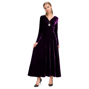 Las mujeres de baile de fiesta rojo vestido largo con cuello en V de manga completa falda alta cintura vestido de <span class=keywords><strong>terciopelo</strong></span> - Product Image 5