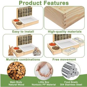 Mangeoire à foin en bois 3 en 1 pour lapins avec 2 bols et cuvette de toilette pour cobaye hamster chinchillas - Product Image 4