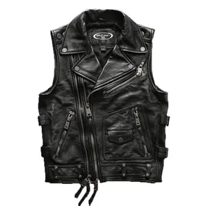 Custom plus size Thickened Cowhide Waistcoat High quality Men's Lapel Black Slim Fit Fashion Genuine Leather Motorcycle Vests