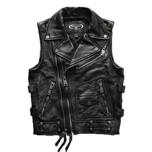 Gilet en cuir de vachette épaissi grande taille personnalisé de haute qualité revers pour hommes gilets de moto en cuir véritable noir Slim Fit à la mode