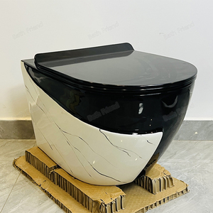 Vente en gros de toilettes suspendues au mur de couleur dorée Articles sanitaires Salle de bain Design moderne Wc P-trap <span class=keywords><strong>Toilette</strong></span> avec housse de siège noire - Product Image 5