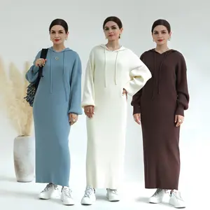 두바이 중동 가을/겨울 두꺼운 단색 겸손한 니트 느슨한 후드 스웨터 드레스 Abaya