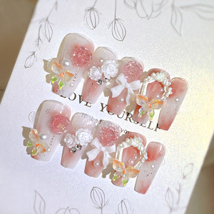 24 pièces/ensemble de faux ongles de luxe en ABS à presser, forme ballerine cercueil moyenne, motif papillon, faits à la main, rose, couvrance totale, pour salon - Product Image 4