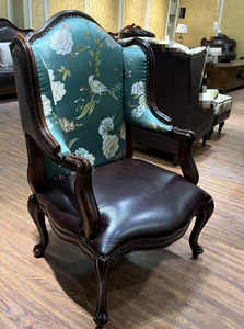 Two Tone Wingback Solid Wood Accent Chair Floral Jacquard Fabric <b>Dark</b> Brown PU Rivet Trim Cabriole Leg Living <b>Room</b> Armchair - Product Image 6