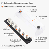 Barre de distribution robuste 250A en cuivre T2 nickelé avec 6 bornes à goujons M8 anti-vibration pour applications solaires, VR, marines et camions