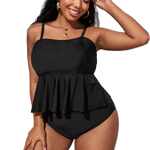 Manufacturer Custom High Waist Ruffle Swimsuit for Women New Black Plus Size Two Piece Bandeau Swimwear <b>Push</b> Bra Solid Beachwear - Product Image 1