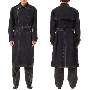 เสื้อโค้ทเทรนช์โค้ทผู้ชาย สไตล์วินเทจสุดหรู สีเทาซีดจาง ผ้าฝ้าย 100% กระดุมสองแถว มีเข็มขัดรัดเอว แจ็คเก็ตเดนิมยาว กันลม สำหรับผู้ชาย - Product Image 1