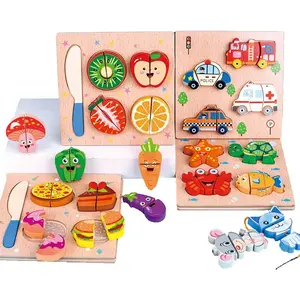 Hete Verkoop Houten Pretentie Spielzeug Cutting Game Gesneden Fruitgroente 3d Puzzel Kids Speelgoed Groothandel Educatief Montessori Speelgoed