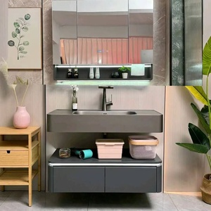 Black Matte Hanging <b>Bathroom</b> <b>Vanity</b> with LED Monochrome Light Strip Hanging Washbasin Double Drawer Design - Product Image 1