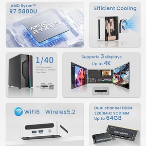 Mini PC HD GenMachine avec processeur <span class=keywords><strong>AMD</strong></span> <span class=keywords><strong>Ryzen</strong></span> 7 <span class=keywords><strong>5800U</strong></span> 8 cœurs et 16 threads, DDR4 16/32, disque dur SSD 512 Go, Windows 11, Wifi6 pour jeux PC - Product Image 2