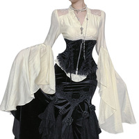 Chemise victorienne gothique pour femme avec empiècements en coton/nylon - Blouse à manches longues à volants, manches cloche, col en V, motifs floraux