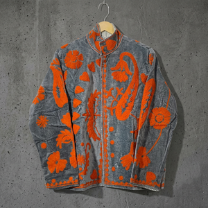 Stand Handmade <b>Velvet</b> Breathable Jacket Full Sleeve Hand Embroidered Floral Pattern Orange Cotton <b>Women's</b> <b>Coat</b> Autumn Winter - Product Image 3