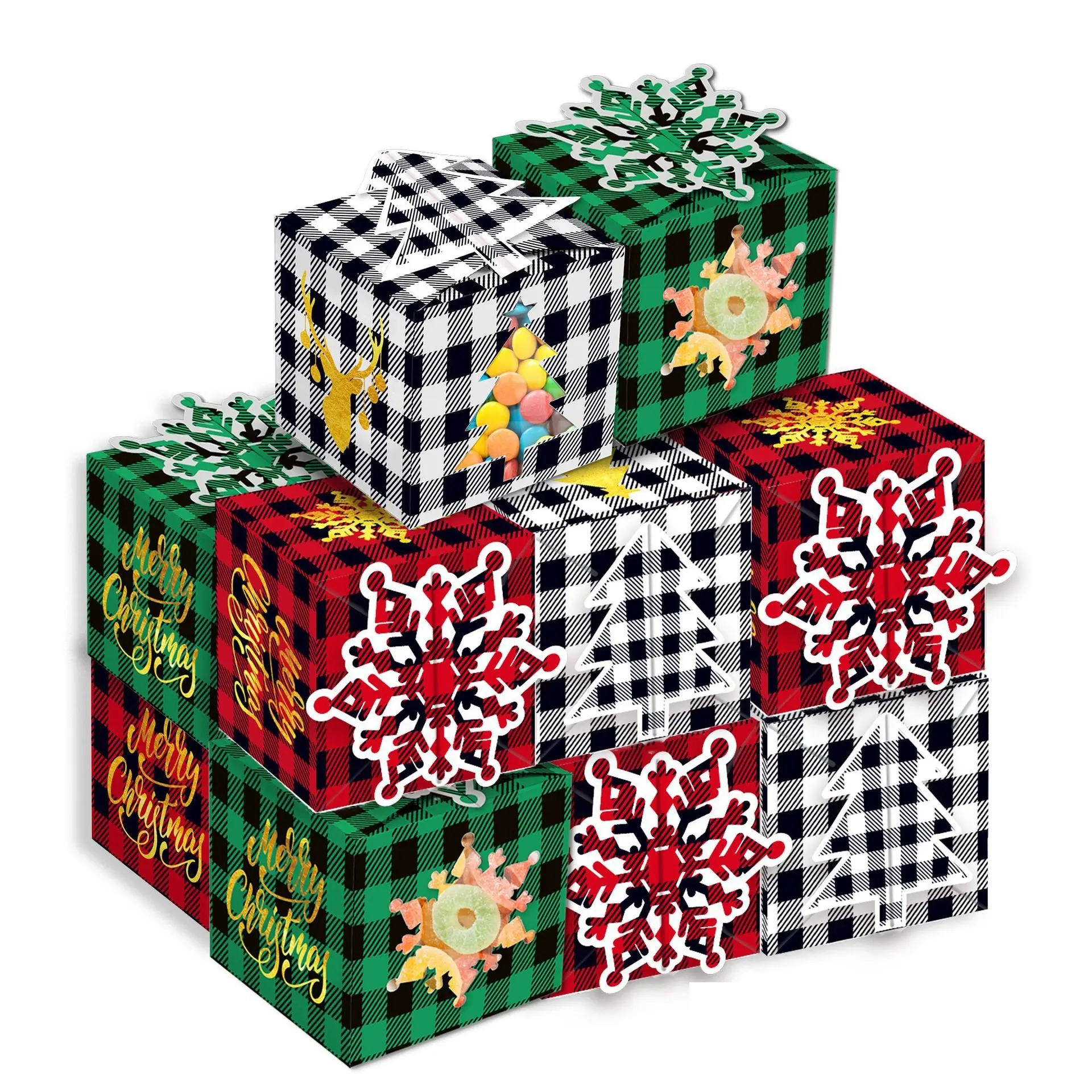 12pcs קופסאות עוגיות חג המולד עם חלון חג המולד קופסאות מתנה לחג המולד צבעוני חג המולד פינוק קופסאות לממתלי שוקולד מאפה עוגיות