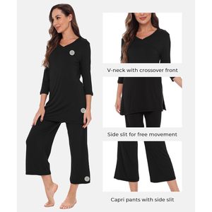 Ensemble pyjama capri en viscose de bambou pour femme, chemise à manches 3/4 et pantalon capri, vêtements de nuit doux et confortables - Product Image 1
