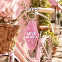 Porte-clés d'hôtel personnalisés : Cadeau d'encouragement sur le thème de la santé mentale, holographique, pastel, amour-propre, en plastique, style motel