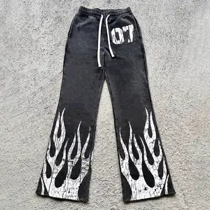 Custom Stacked Sweatpants Track Flare Sweat Pants Fitted Print French Terry Distressed Jogger Acid Wash Flared Sweatpants
