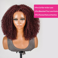 Perruque Sans Colle en Cheveux Humains Brésiliens Frisés Kinky Rouge Coca-Cola Cerise, Closure Dentelle Découpée 7x5 Afro Frisée Haute Densité, Vente en Gros