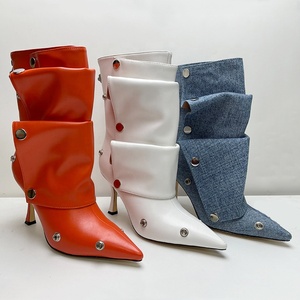 Metal Rivets Loose Pleated Upper Shoes Thin High Heels Pointed Toe Denim Ankle Boots Women's Wide Fit Short <b>Booties</b> - Product Image 5