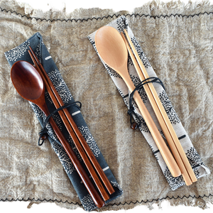 Japandi Design Eco-Friendly Reusable Wood Flatware Set Includes Chopsticks Spoon <b>Cloth</b> Bag for Travel Camping - Product Image 5