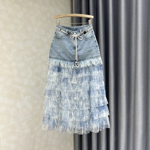 Jupe longue en jean à volants en maille, style décontracté taille haute pour femme, nouvelle collection printemps-été 2026, en tissu chiffon respirant et naturel - Product Image 1