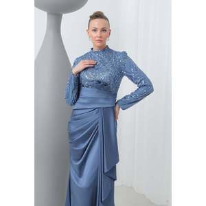 Puane Women's Indigo Satin Maxi Evening Dress with Embroidered Top Draped Waist Detail Soft Breathable for Special Occasions - Product Image 1
