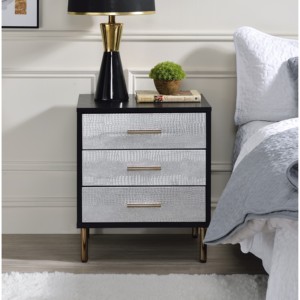 Black Nightstand With 3 <b>Drawers</b> Silver Crocodile Pattern Fronts Gold Legs Bedroom <b>Storage</b> <b>Drawer</b> Unit - Product Image 4