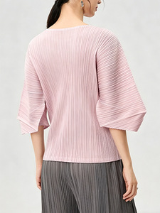 PY 2026 Comfortable Loose Fit Crew Neck Woven Miyake Pleated Batwing Sleeve Casual <b>Top</b> <b>Women's</b> 100% Polyester <b>Compressed</b> - Product Image 3