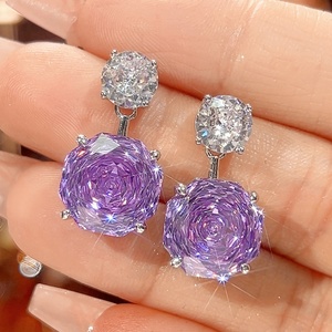 Fashion Eco-friendly Copper 18K Gold Plated Women's Rose Cut 14-12mm Purple Zircon Trendy Banquet Party Jewelry <b>Set</b> Necklace - Product Image 5