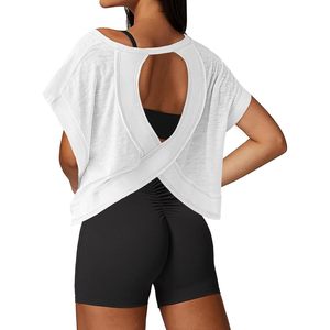 Abbigliamento sportivo da donna Premium top Open Back Gym Running Yoga Crop t-Shirt ampia a maniche corte traspirante - Product Image 1